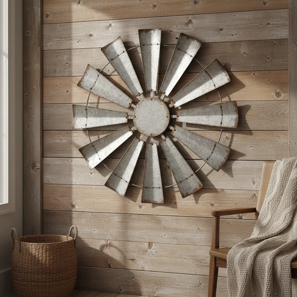 Close view of galvanized metal windmill wall decor texture