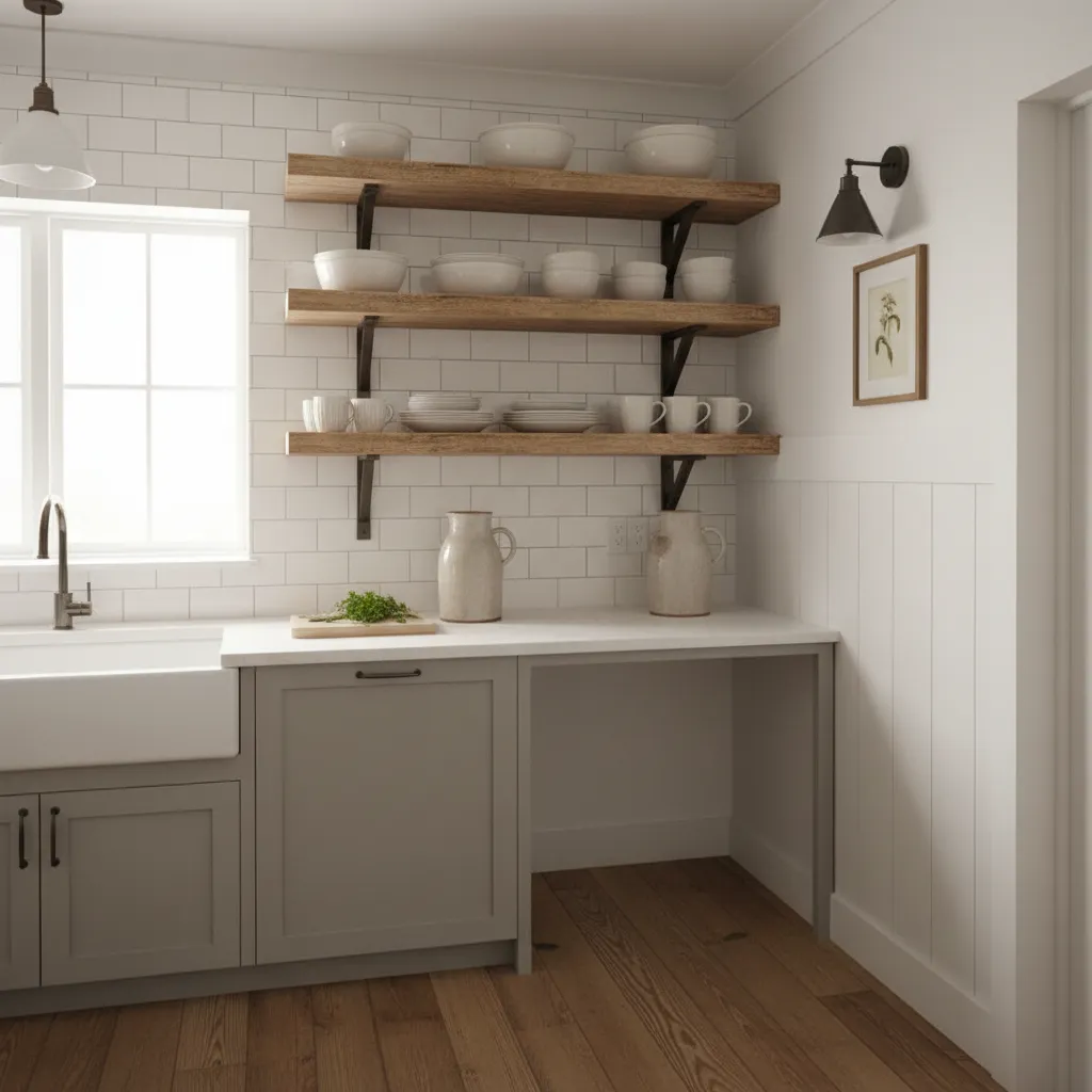 Farmhouse kitchen open shelving with wood shelves and ceramic dishes