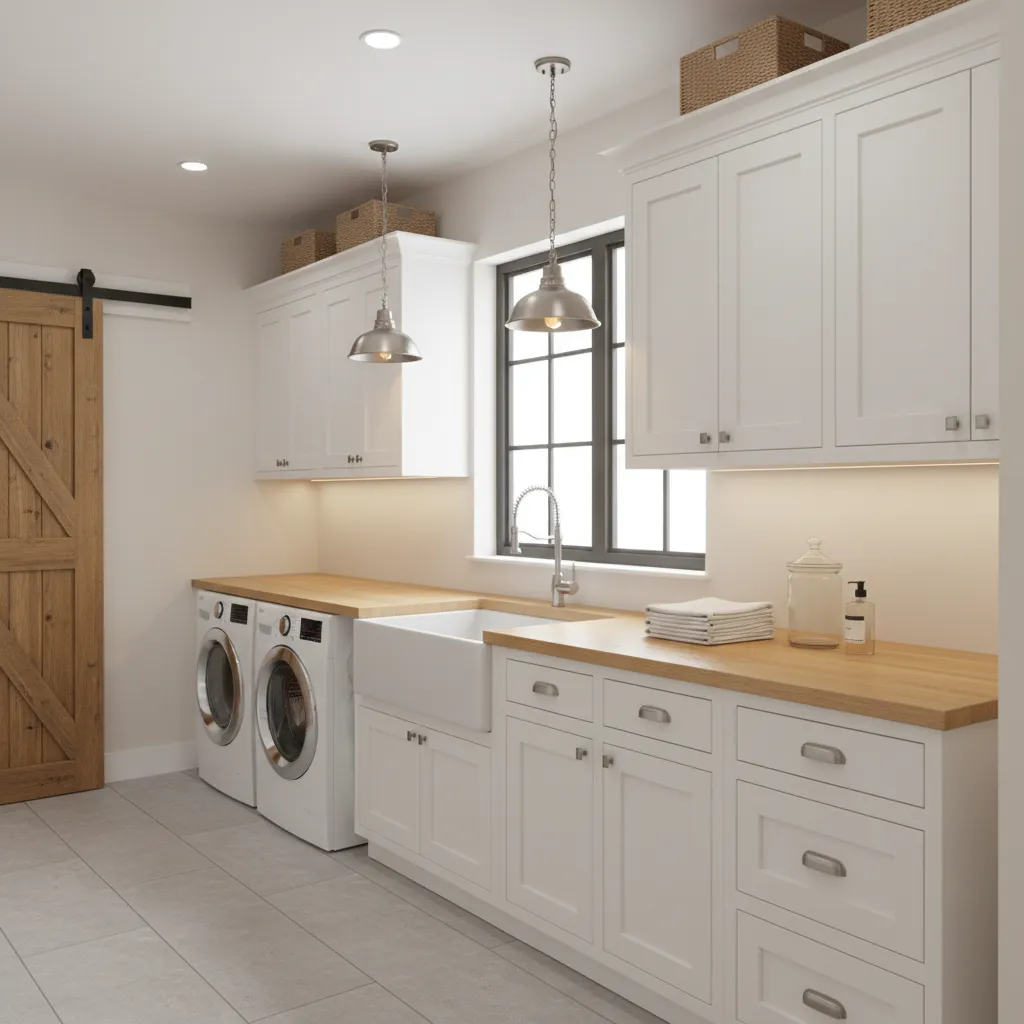 Farmhouse laundry room pendant lighting above folding counter