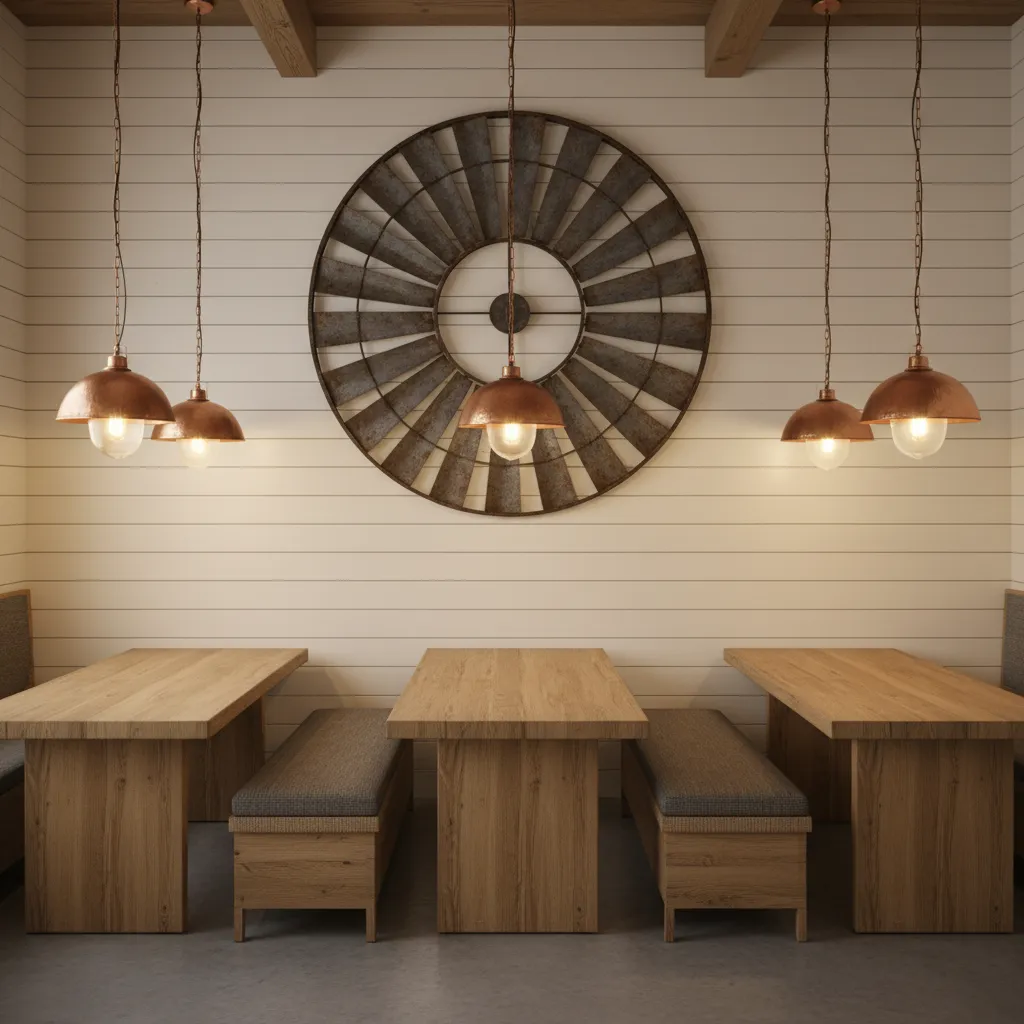 Farmhouse restaurant interior with windmill metal wall decor feature wall