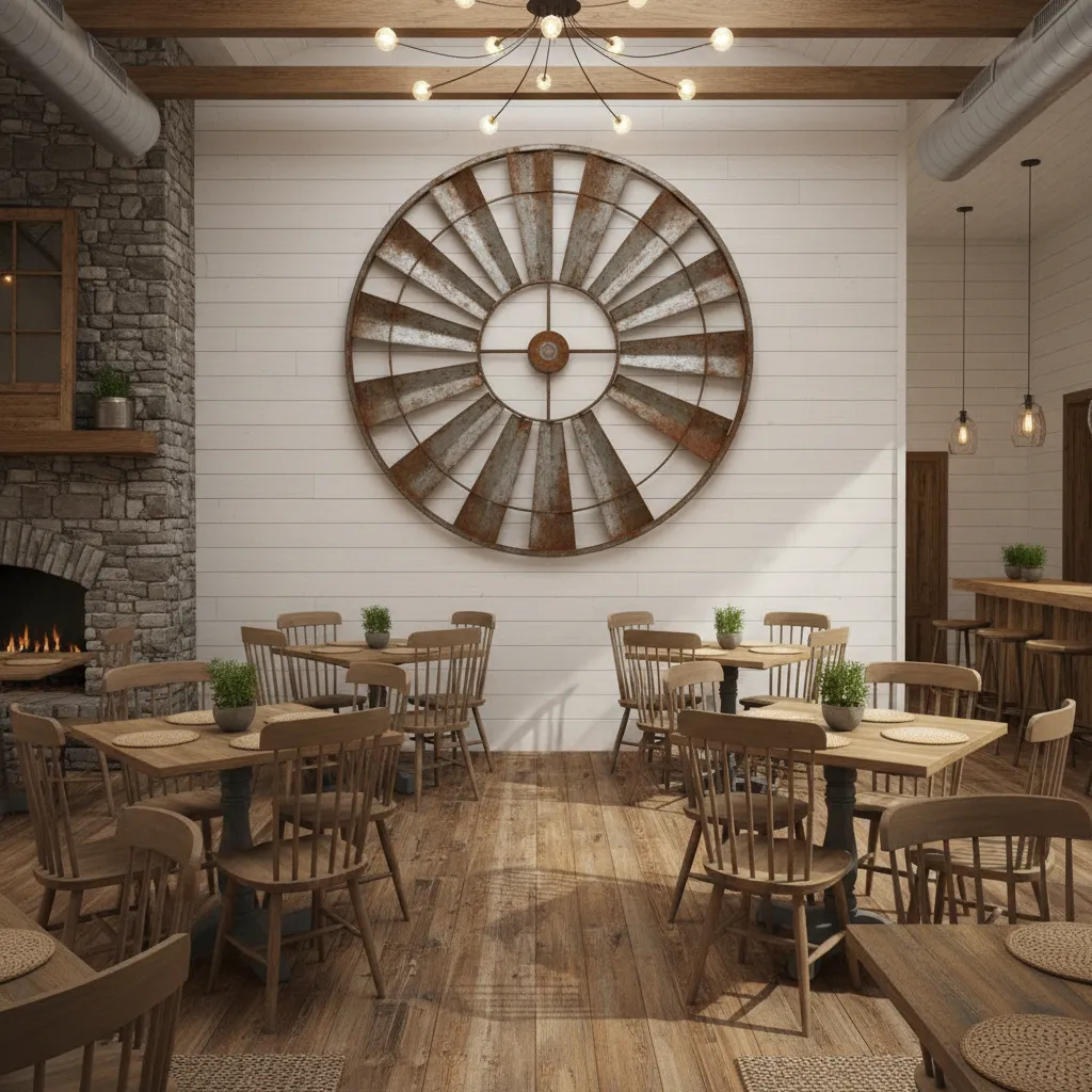 Farmhouse restaurant dining room with oversized metal windmill wall decor