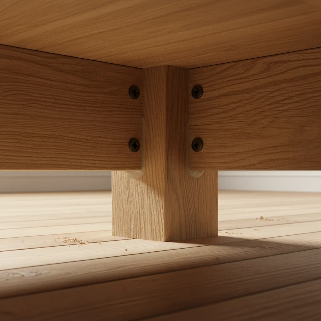 wooden corner brace installed inside farmhouse table apron for reinforcement