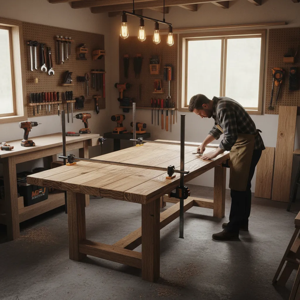 DIY builder assembling a rustic farmhouse dining table in a workshop