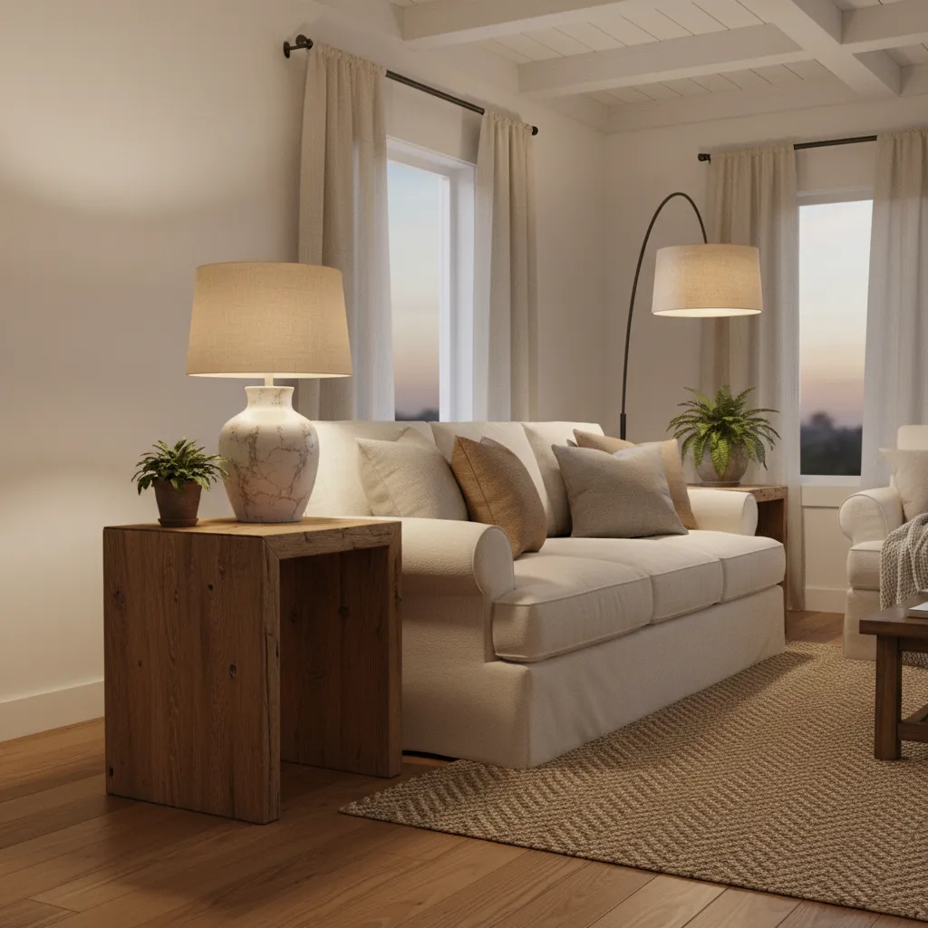Farmhouse table lamp lighting a sofa seating area