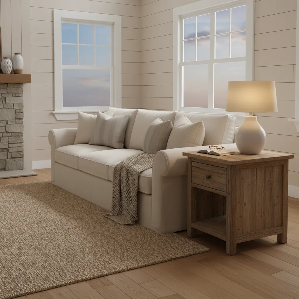 table lamp placed beside sofa in farmhouse living room for comfortable reading light
