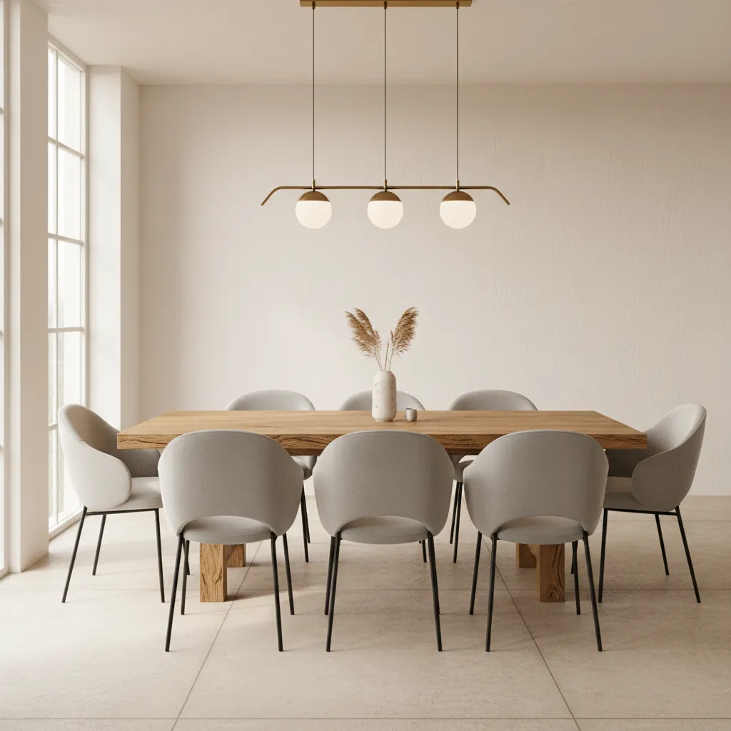 Rustic farmhouse dining table paired with modern upholstered chairs
