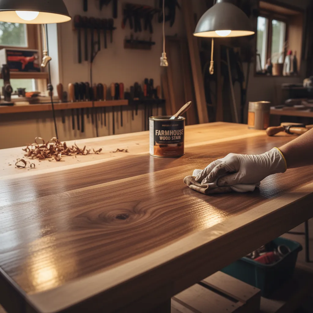 Applying wood stain to a farmhouse dining table surface