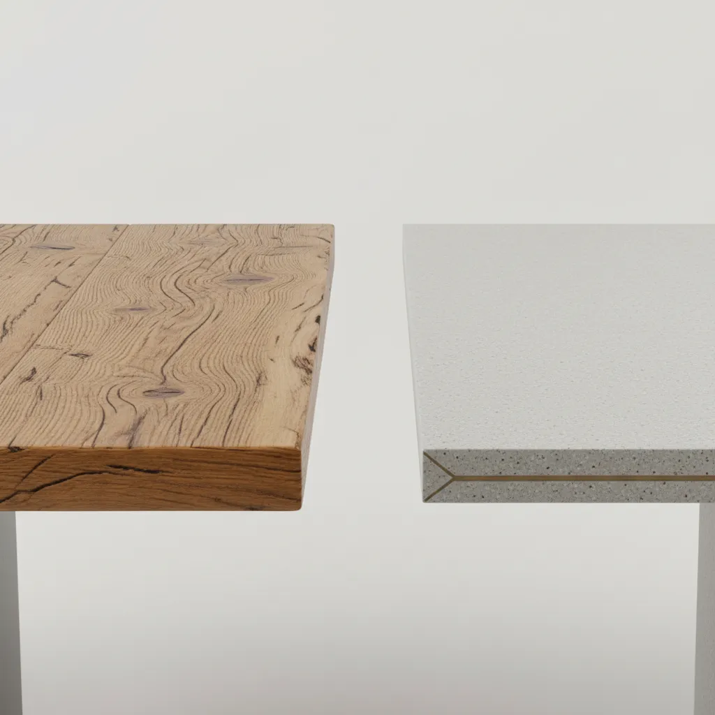 Comparison of thick solid wood farmhouse tabletop and thin modern engineered tabletop