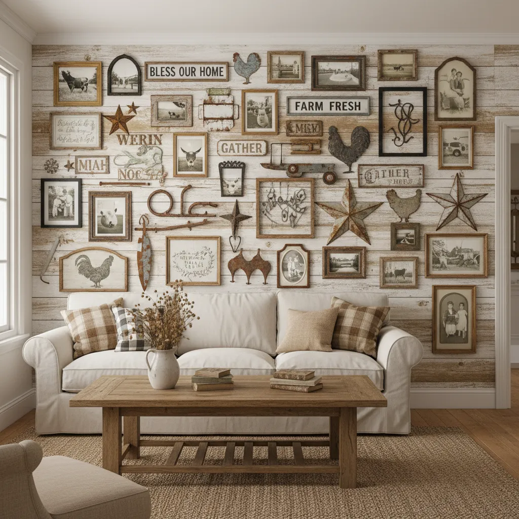Example of cluttered farmhouse wall decor with too many rustic decorations
