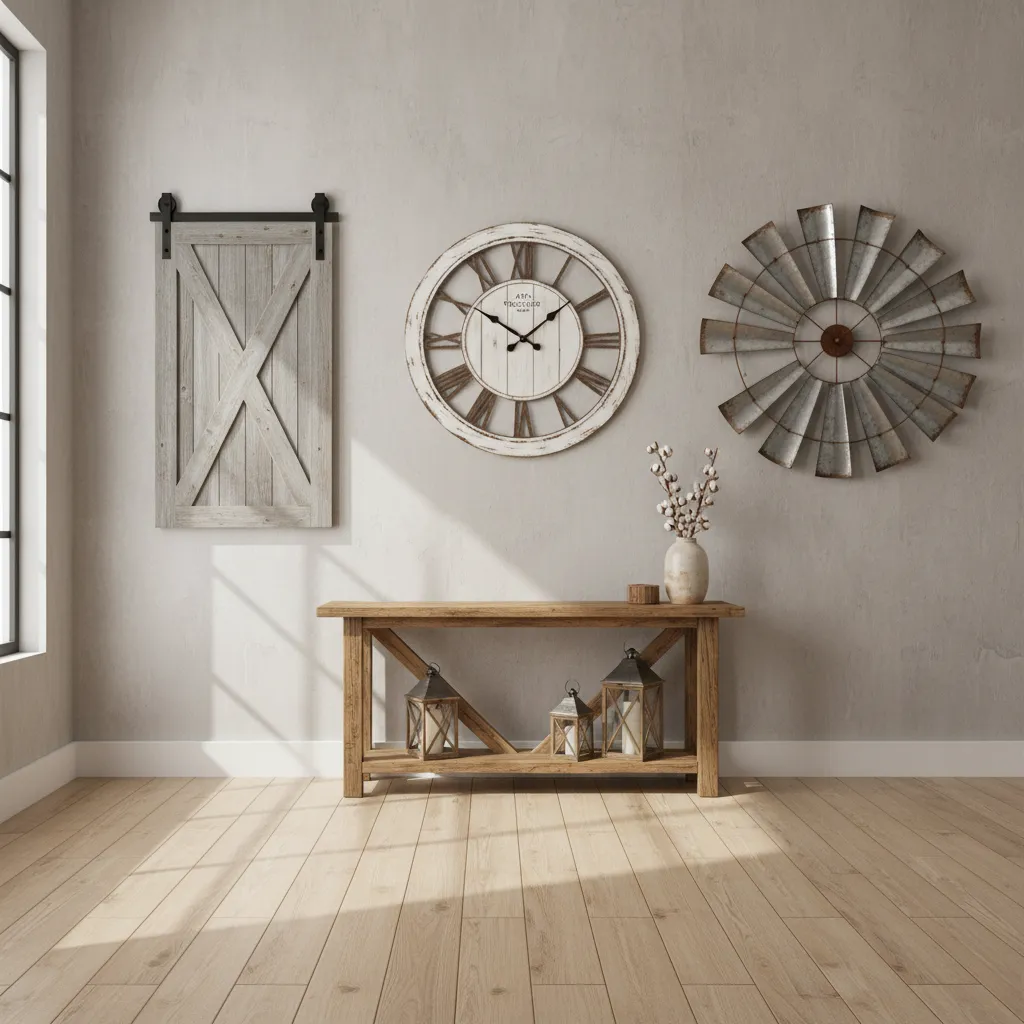 Comparison of barn door decor clock and windmill wall art in farmhouse interiors
