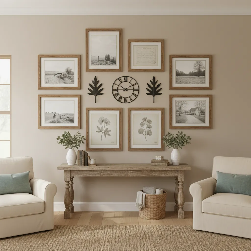 Farmhouse wall decor spacing example with balanced rustic frames