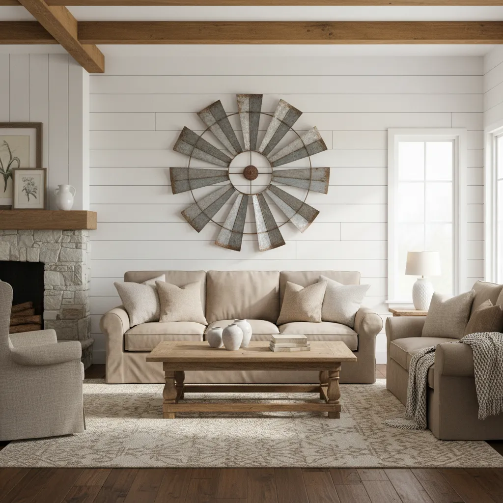 Large windmill wall decor in rustic farmhouse living room