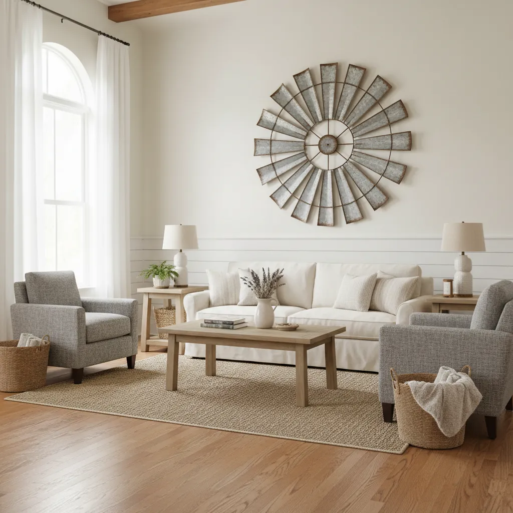 Farmhouse living room with large metal windmill wall decor above couch
