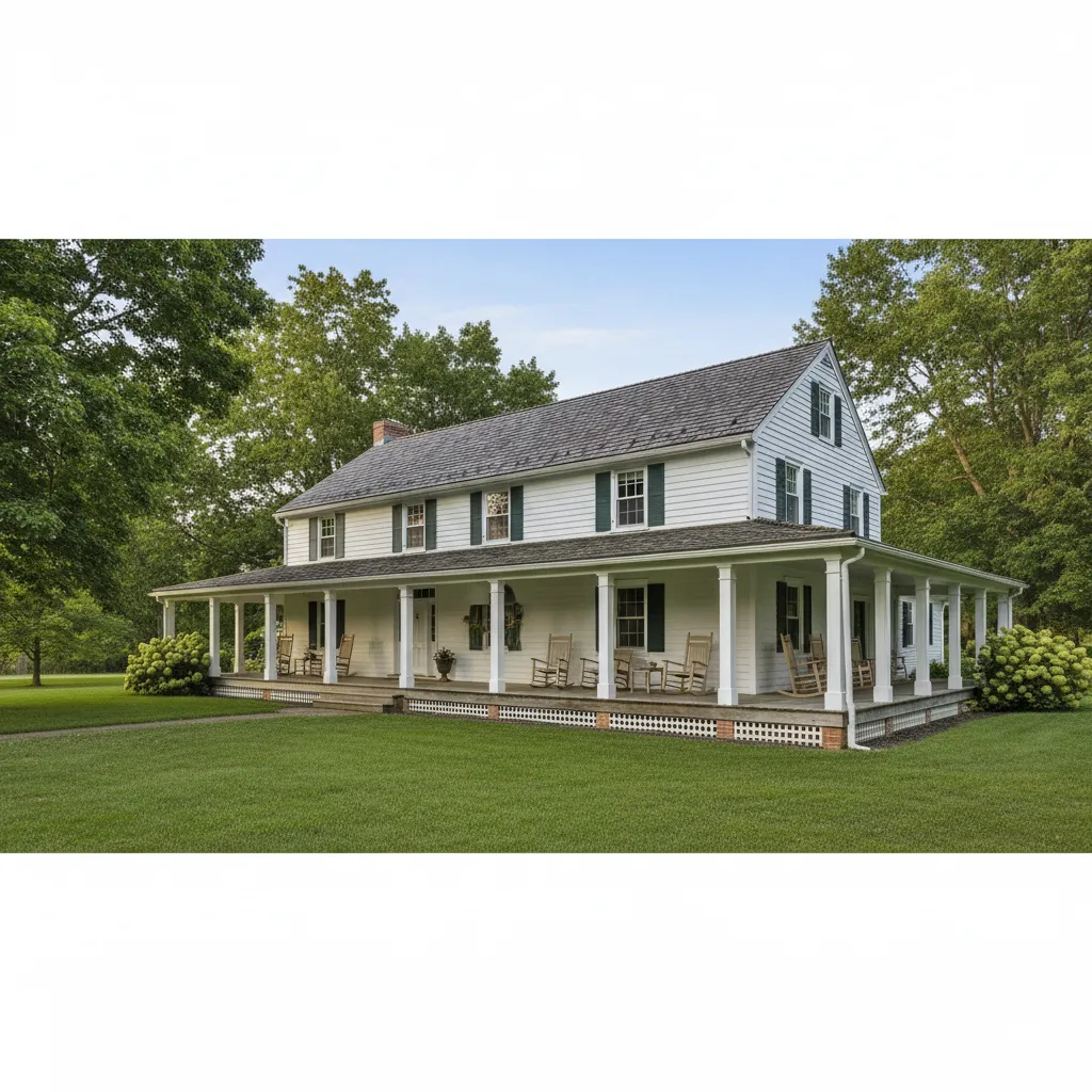 Traditional farmhouse with large wraparound porch and white columns