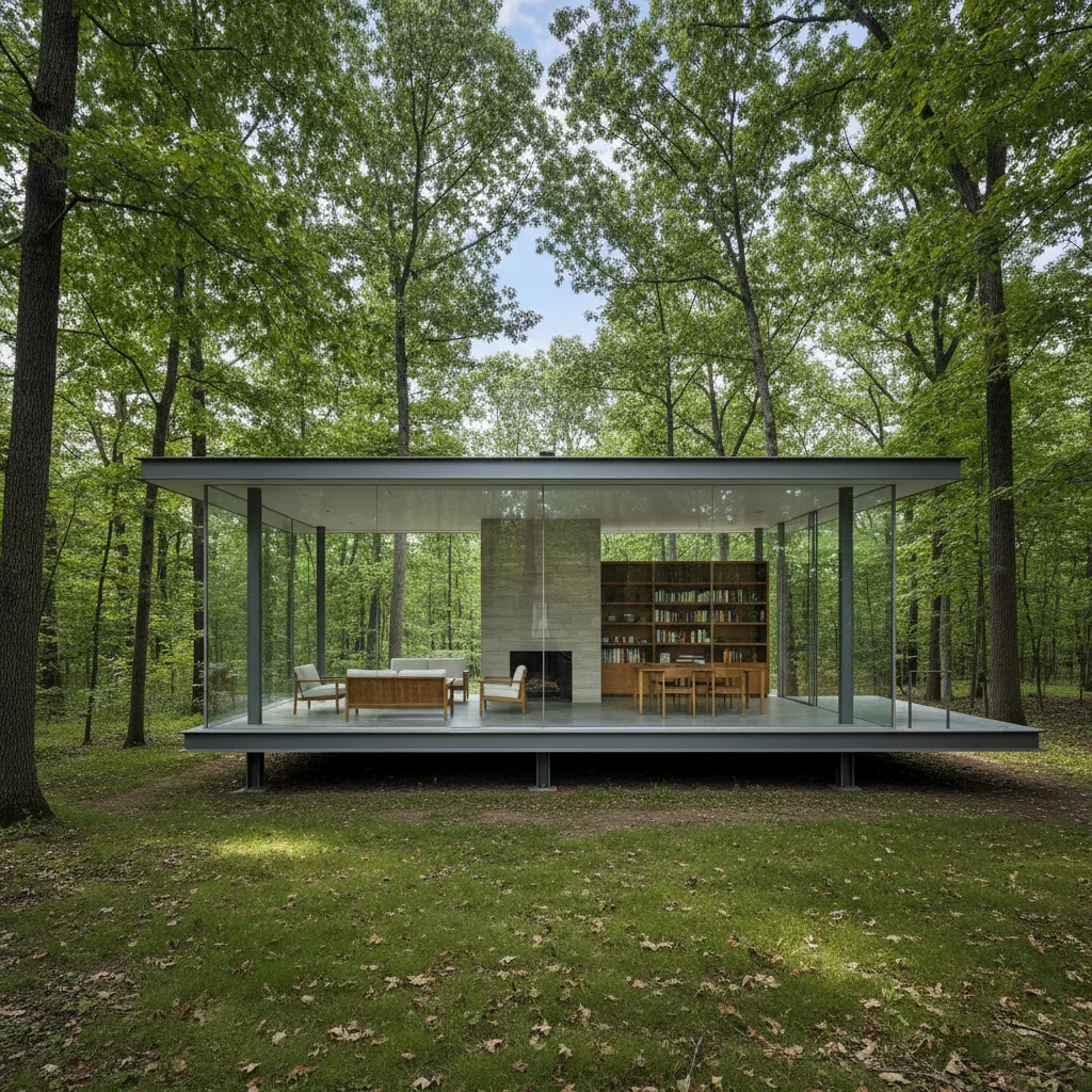 Casa Farnsworth de vidrio minimalista elevada sobre pilares en un entorno natural