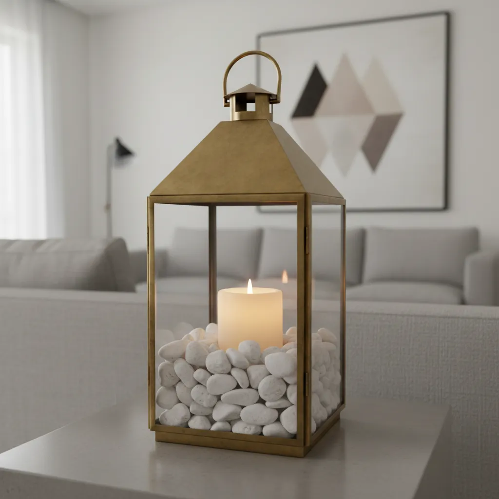 Gold metal lantern with lit white candle and stones on table in a modern room