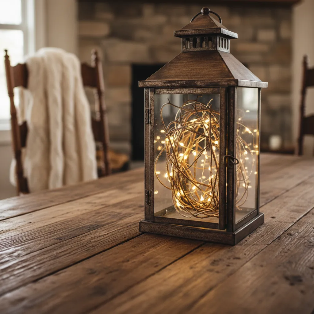 Rustic metal lantern with fairy lights on a wooden dining table in a cozy home