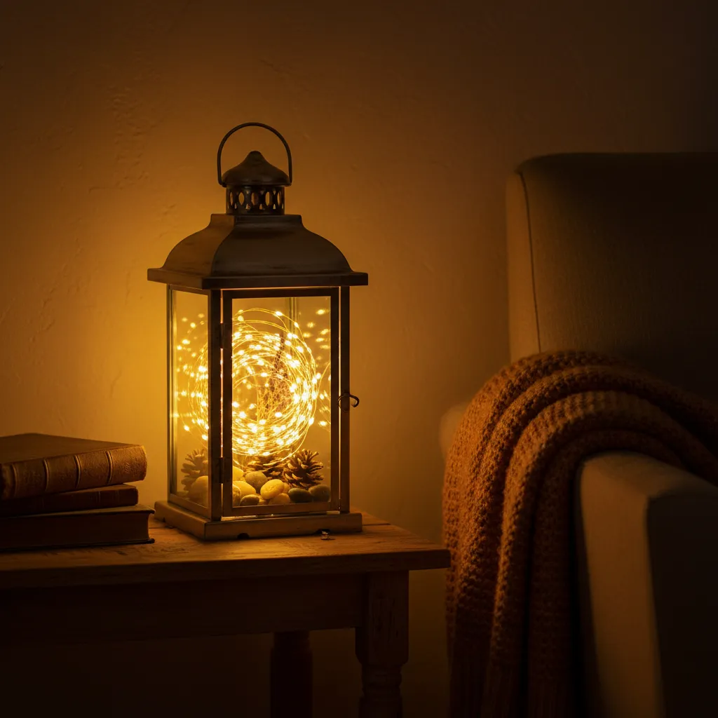Metal lantern with glowing fairy lights on wooden table with books near warm brown sofa