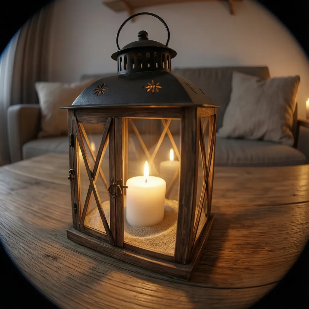 Rustic wooden lantern with a white lit candle sitting on a dark wooden coffee table