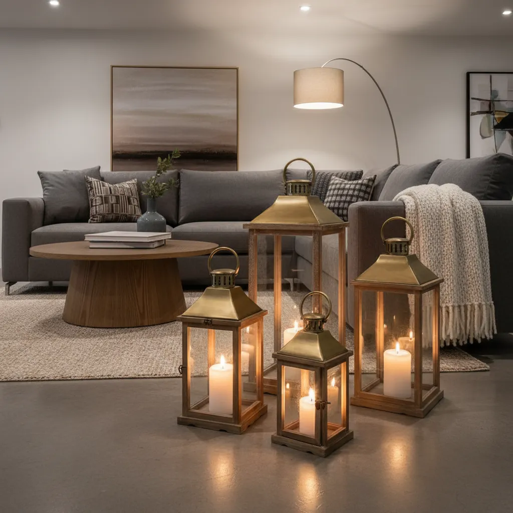 Four gold lanterns with lit candles on the floor in front of a grey sofa