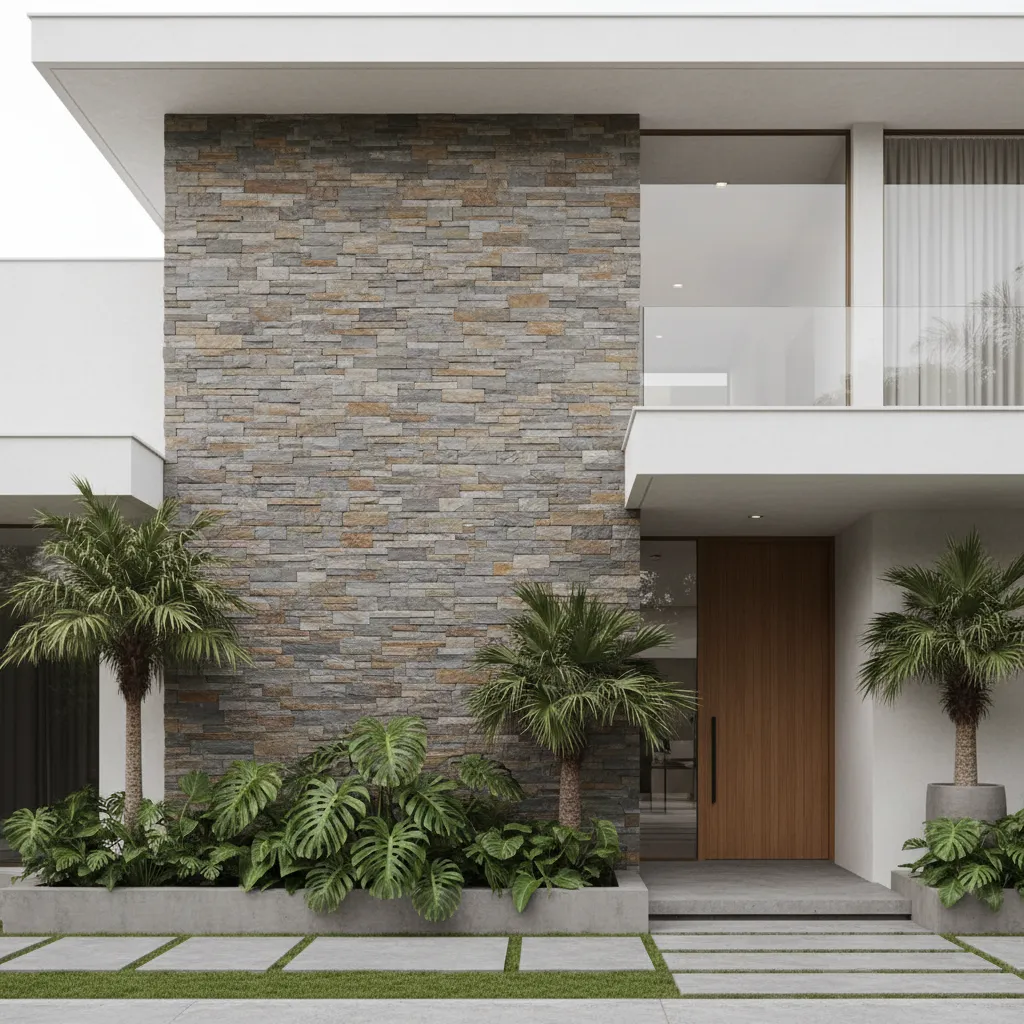 Fasad rumah minimalis dengan dinding batu alam