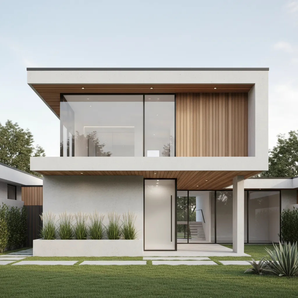 Modern house design with large glass windows, wooden wall panels, and a green garden lawn