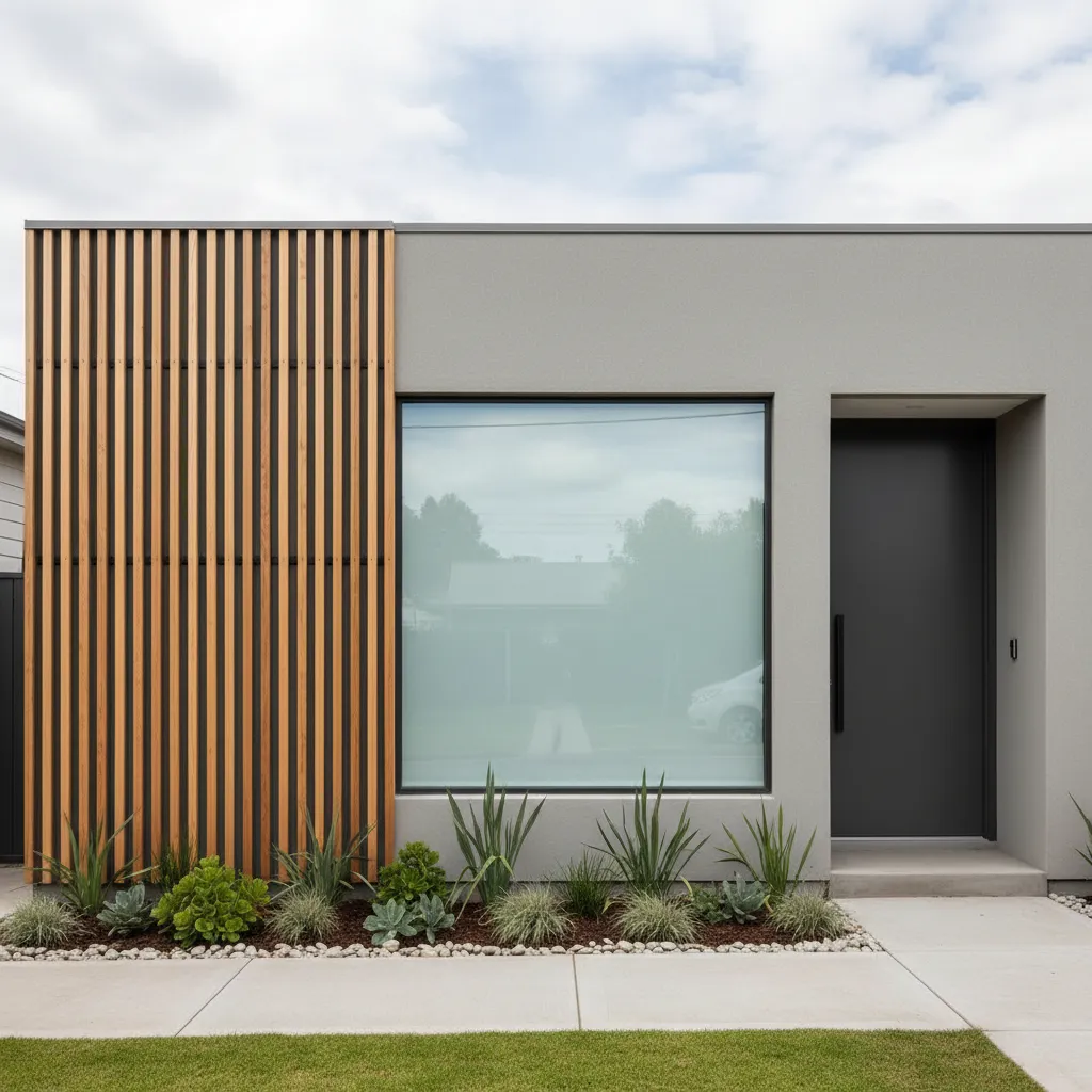 Rumah sederhana dengan aksen kayu vertikal pada fasad