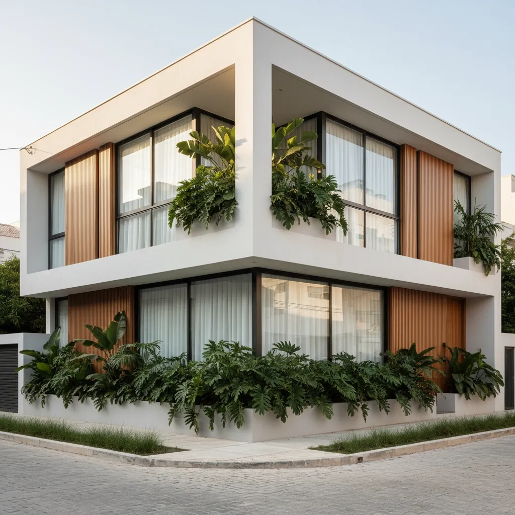 Fasad rumah minimalis dua lantai di lahan sudut