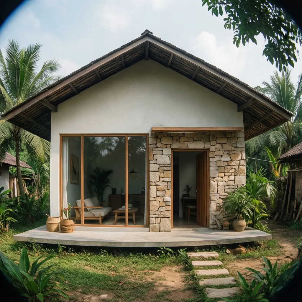 Fasad rumah desa dengan desain minimalis dan batu alam