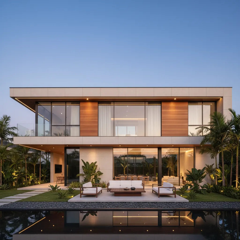 Fasad rumah modern dengan bentuk bangunan melebar
