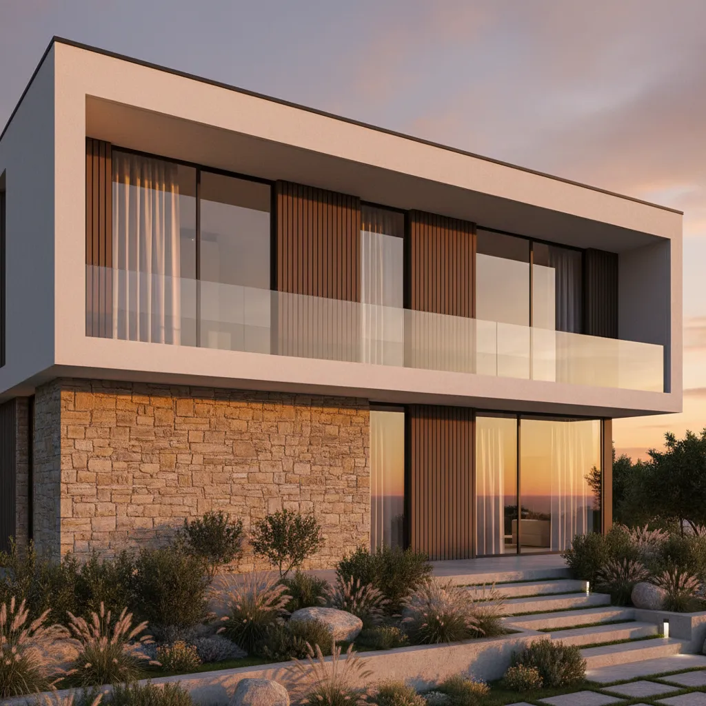 Fasad rumah modern dua lantai dengan material batu alam