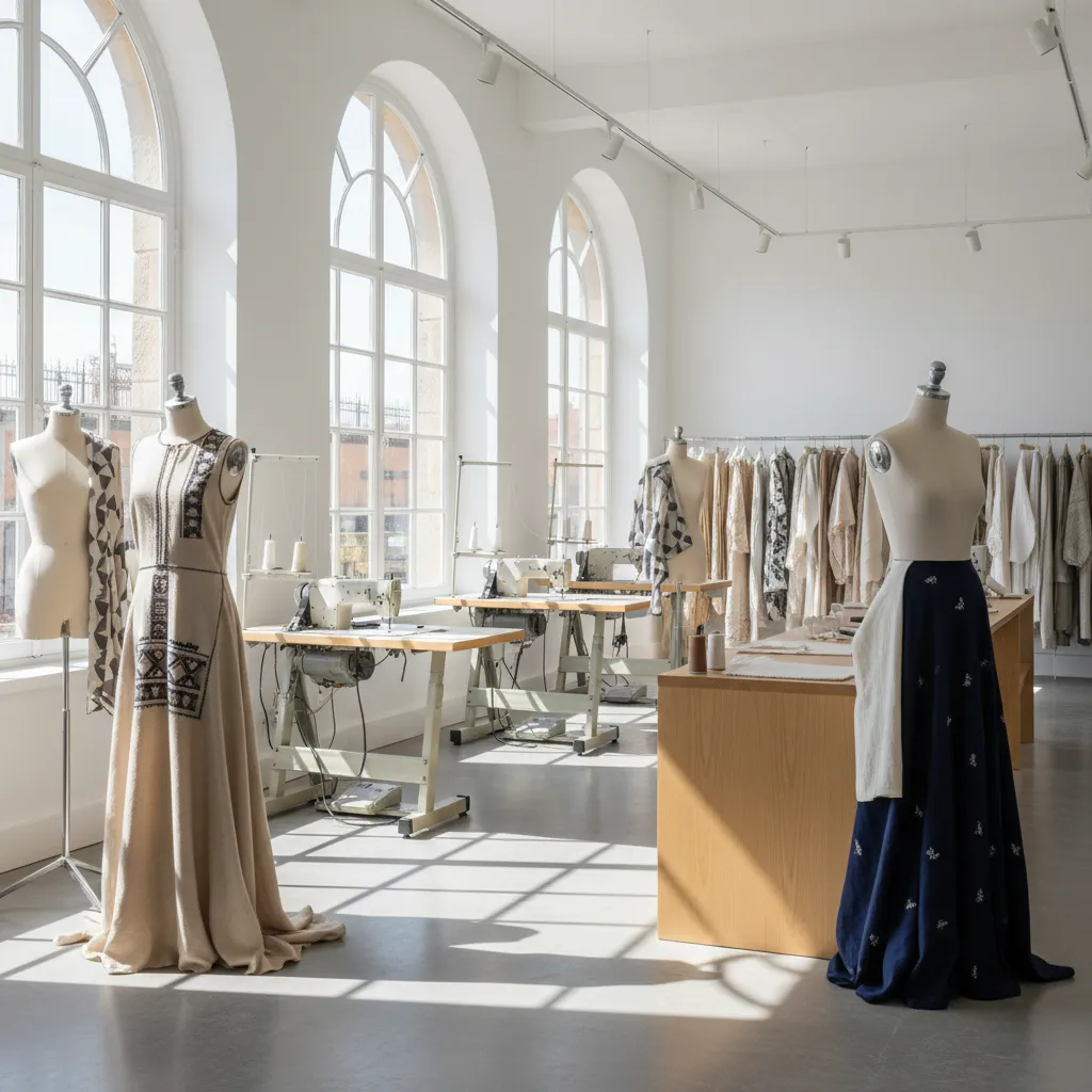 Atelier moderno de moda con maniquíes y prendas en proceso