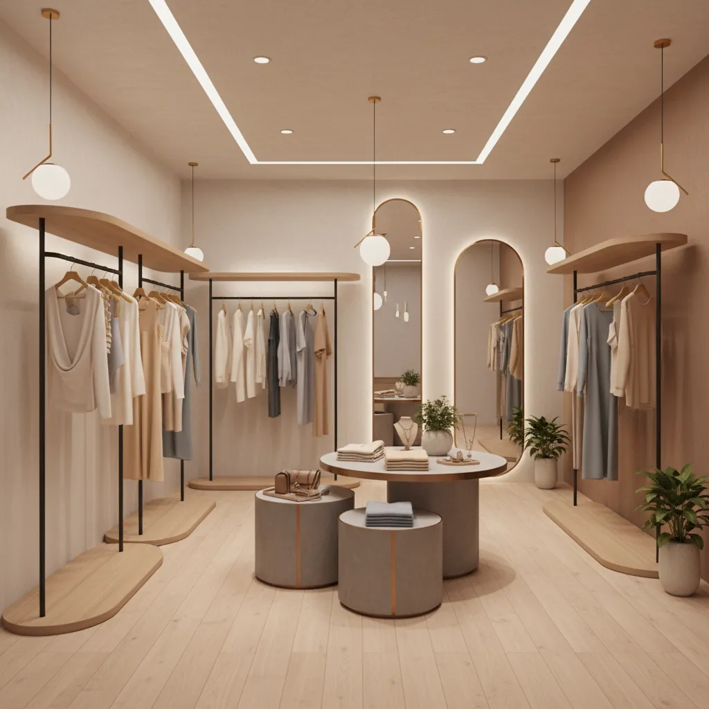 fashion boutique interior with free flow layout clothing displays and mirrors