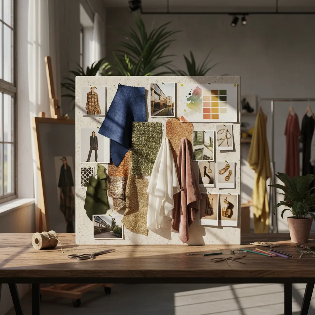 Moodboard de colección de moda con telas y referencias