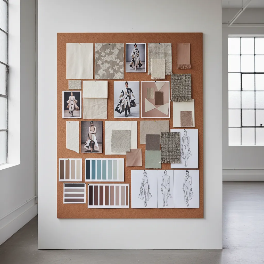 fashion designer mood board with fabrics sketches and runway inspiration