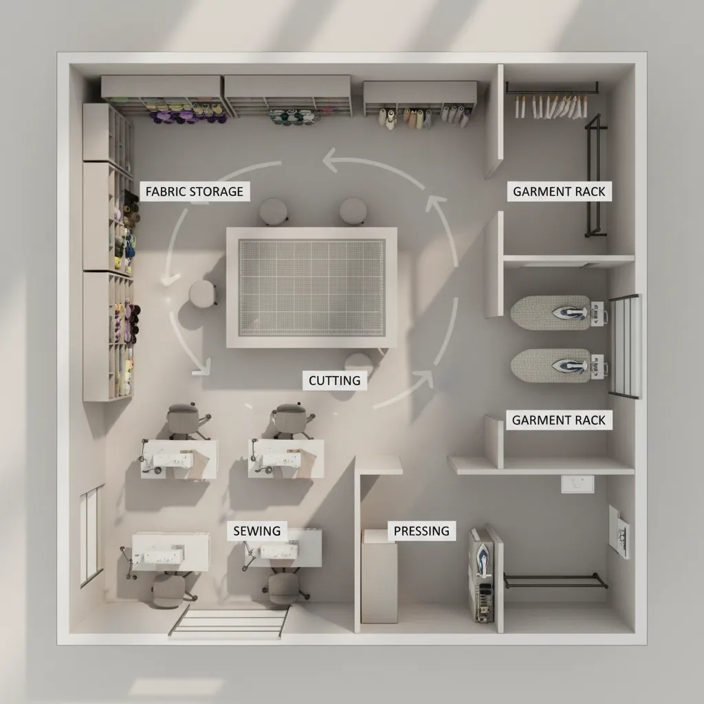 diagram style sewing studio layout showing cutting sewing pressing workflow