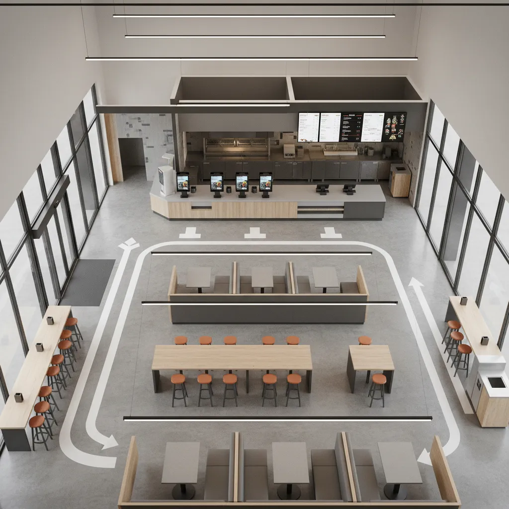 Interior design drawing of a restaurant layout showing customer flow with white arrows and furniture