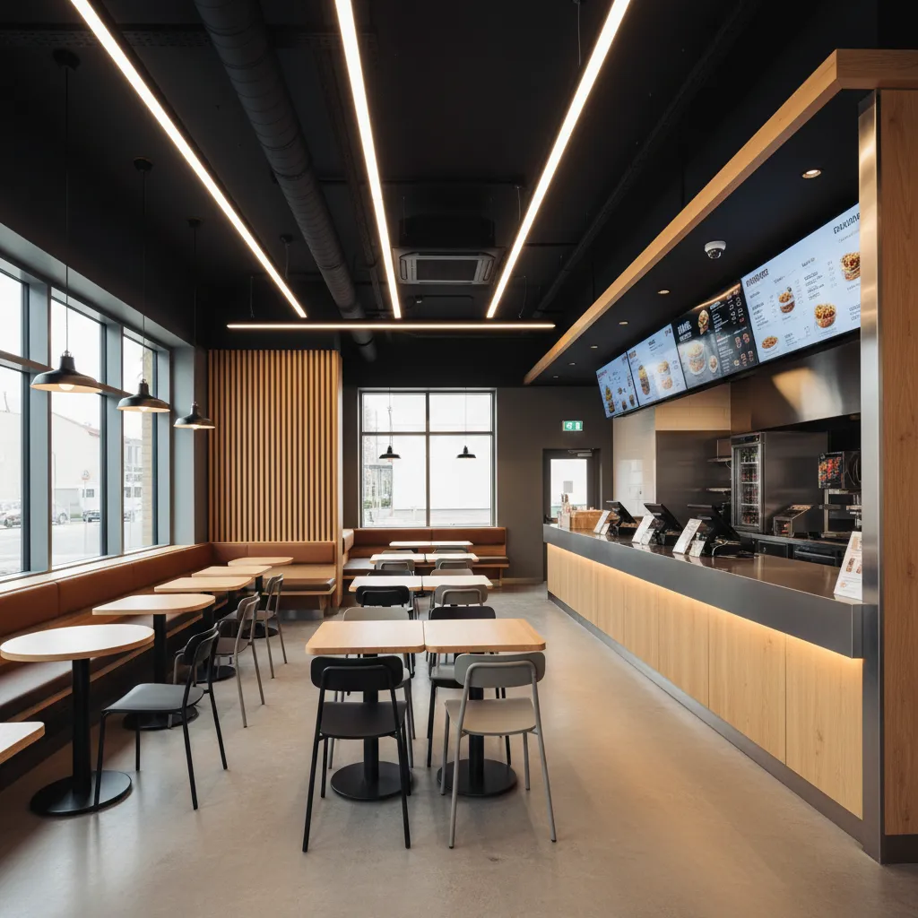 Modern fast food restaurant interior with wooden tables black chairs order counter and ceiling lights
