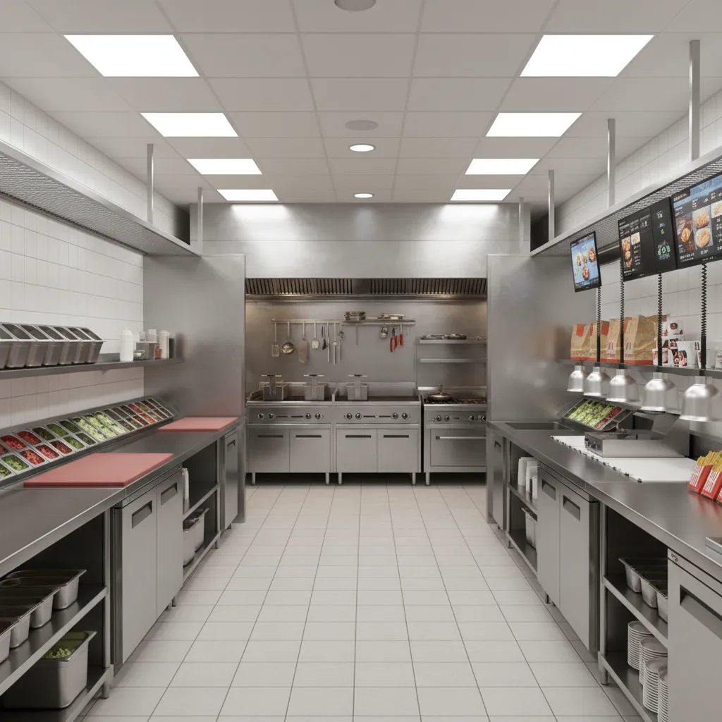 fast food kitchen equipment zones with prep cooking and packaging areas