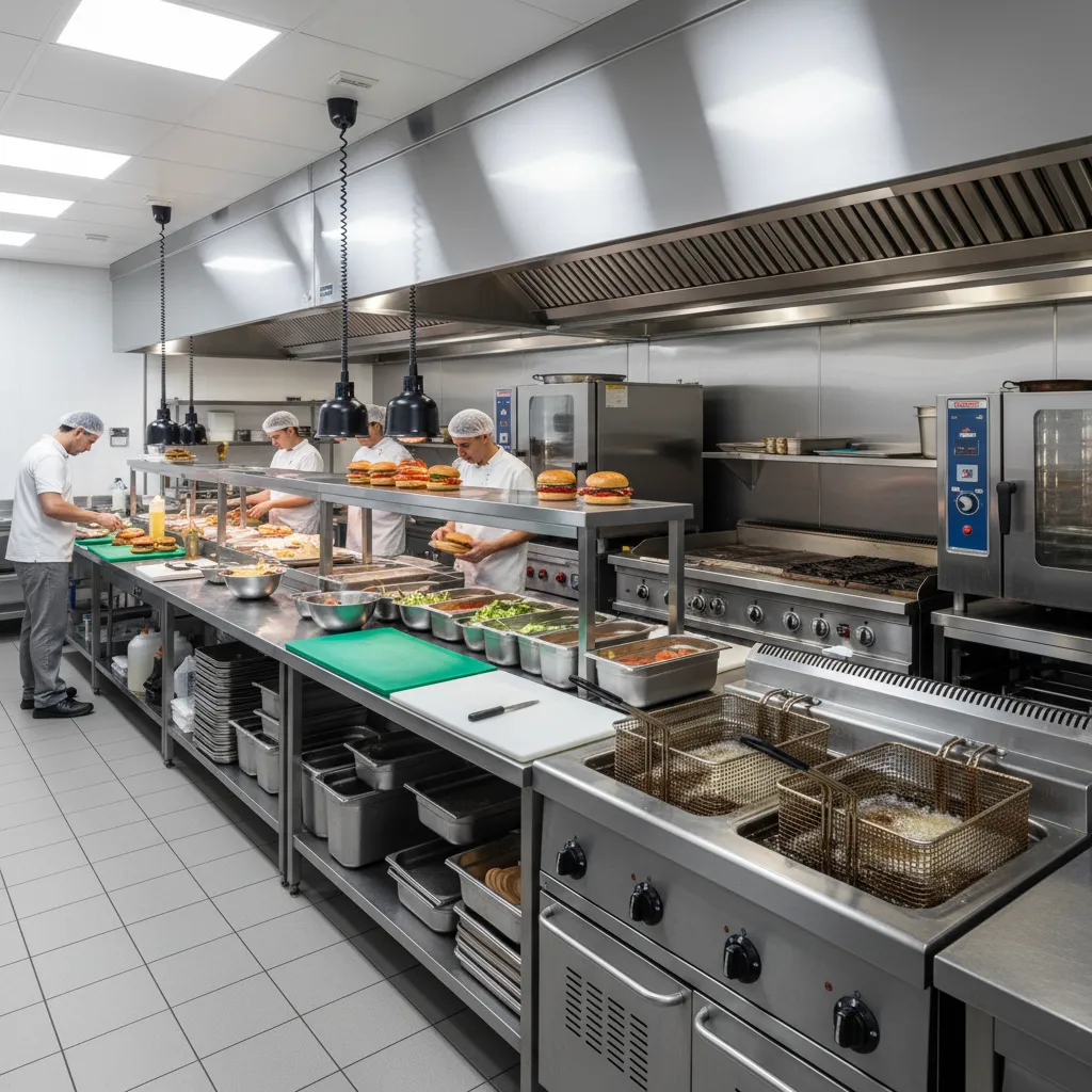 Professional kitchen with chefs preparing burgers on stainless steel counters under a large metal hood