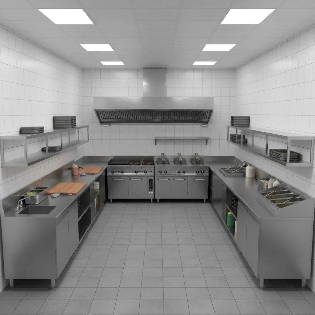 fast food kitchen workflow layout showing prep cooking and assembly stations