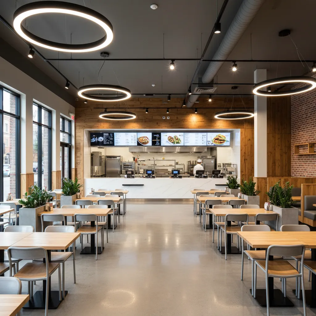 Distribución interior de restaurante rápido con mesas pequeñas y flujo claro