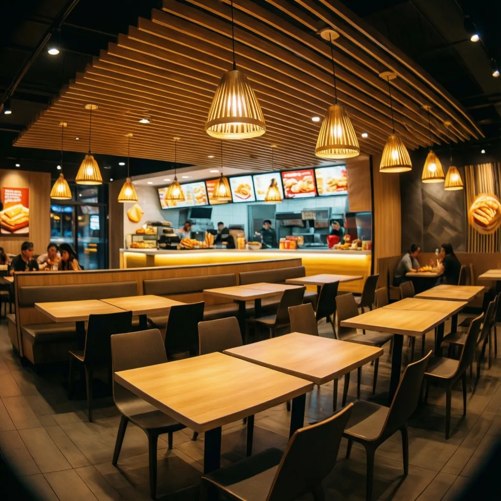 Iluminación interior en restaurante rápido con luces sobre mesas y mostrador