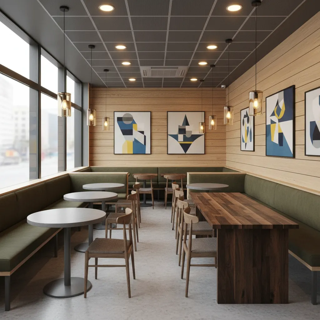 Zona de asientos moderna en restaurante de comida rápida con sofás y mesas variadas