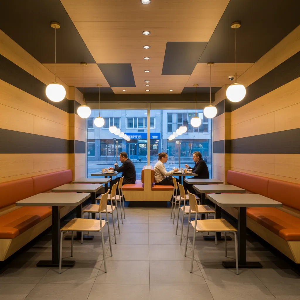 Modern restaurant seating area with orange booths grey tables wooden chairs and round hanging lights