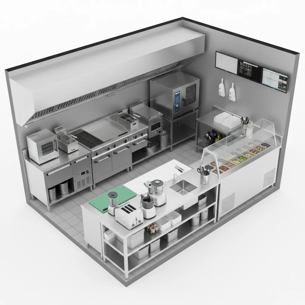 Interior design drawing of a commercial kitchen showing cooking equipment salad bar and food prep station