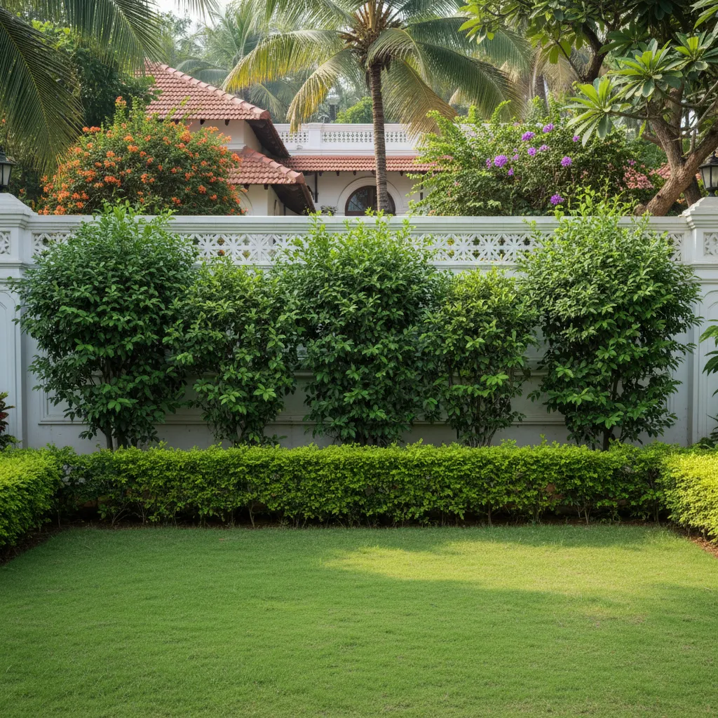 Dense green hedge providing privacy along Indian residential compound wall
