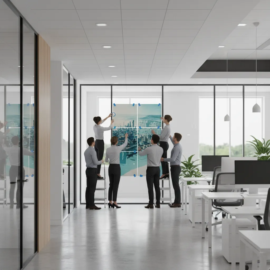 Team quickly assembling printable poster style office door decoration