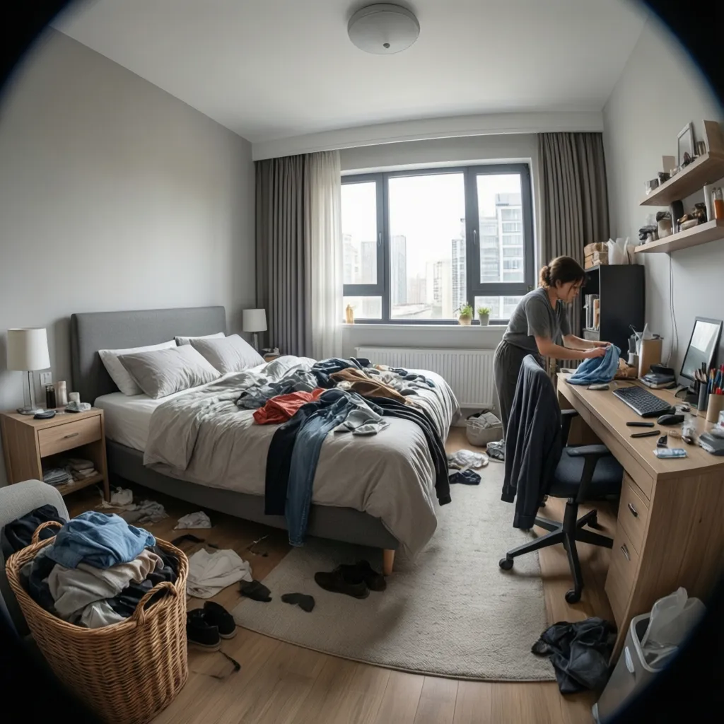 Person cleaning messy bedroom with laundry basket clothes on bed and cluttered home office desk