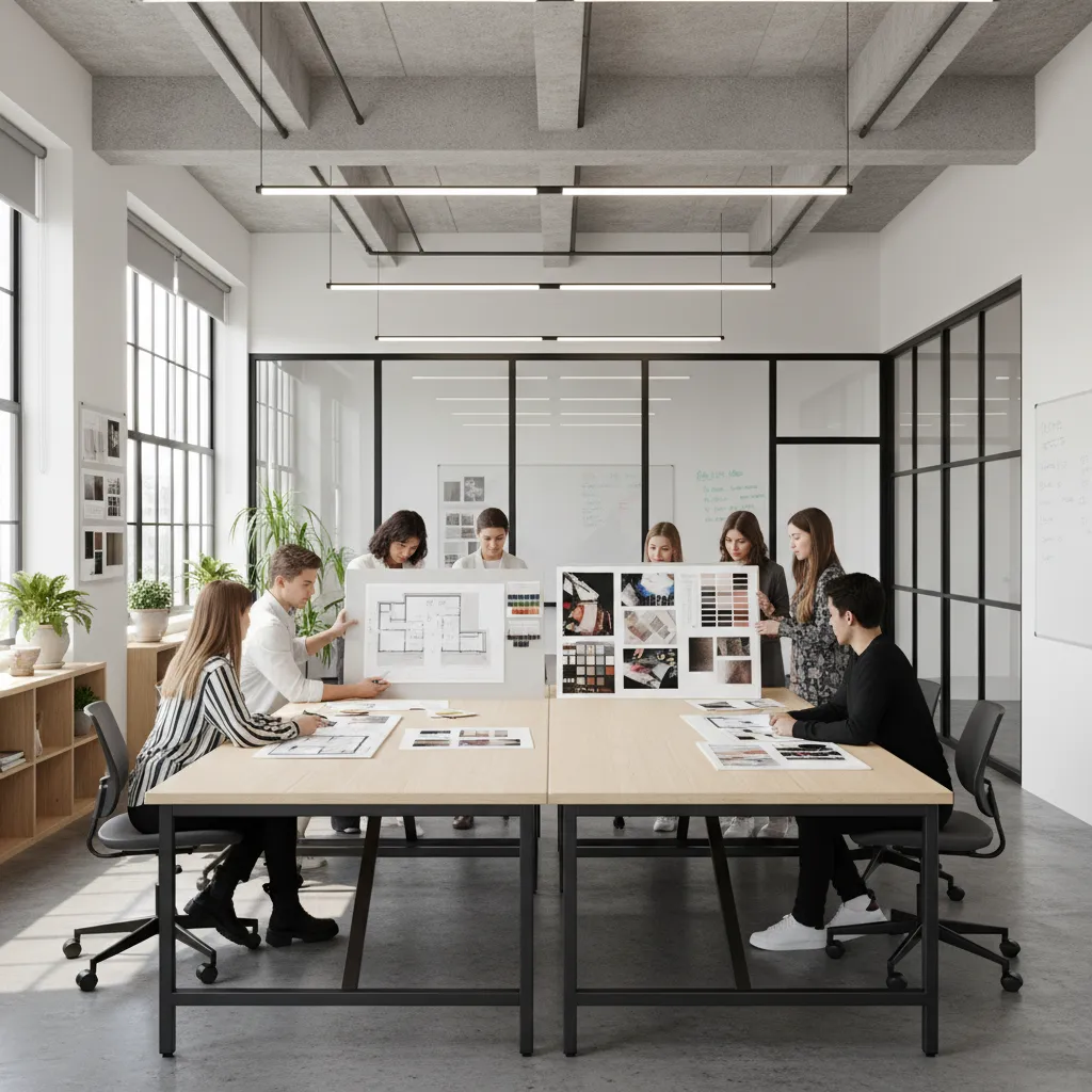 intensive interior design class studio with students reviewing layout boards
